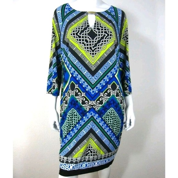 Laundry by Shelli Segal Sz Medium Jersey Shift Dress Blue Green Keyhole Neck - Picture 1 of 10